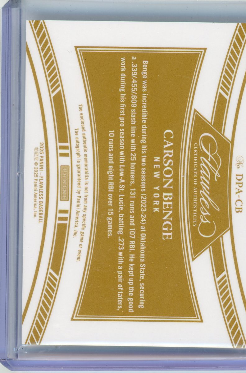 Carson Benge 2025 Panini Flawless Draft Patch Autograph Ruby #'d 19/20