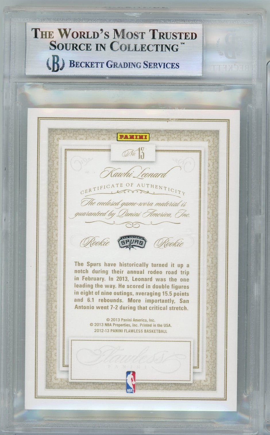 Kawhi Leonard 2012-13 Panini Flawless Rookie Patch #'d 17/25 BGS 9