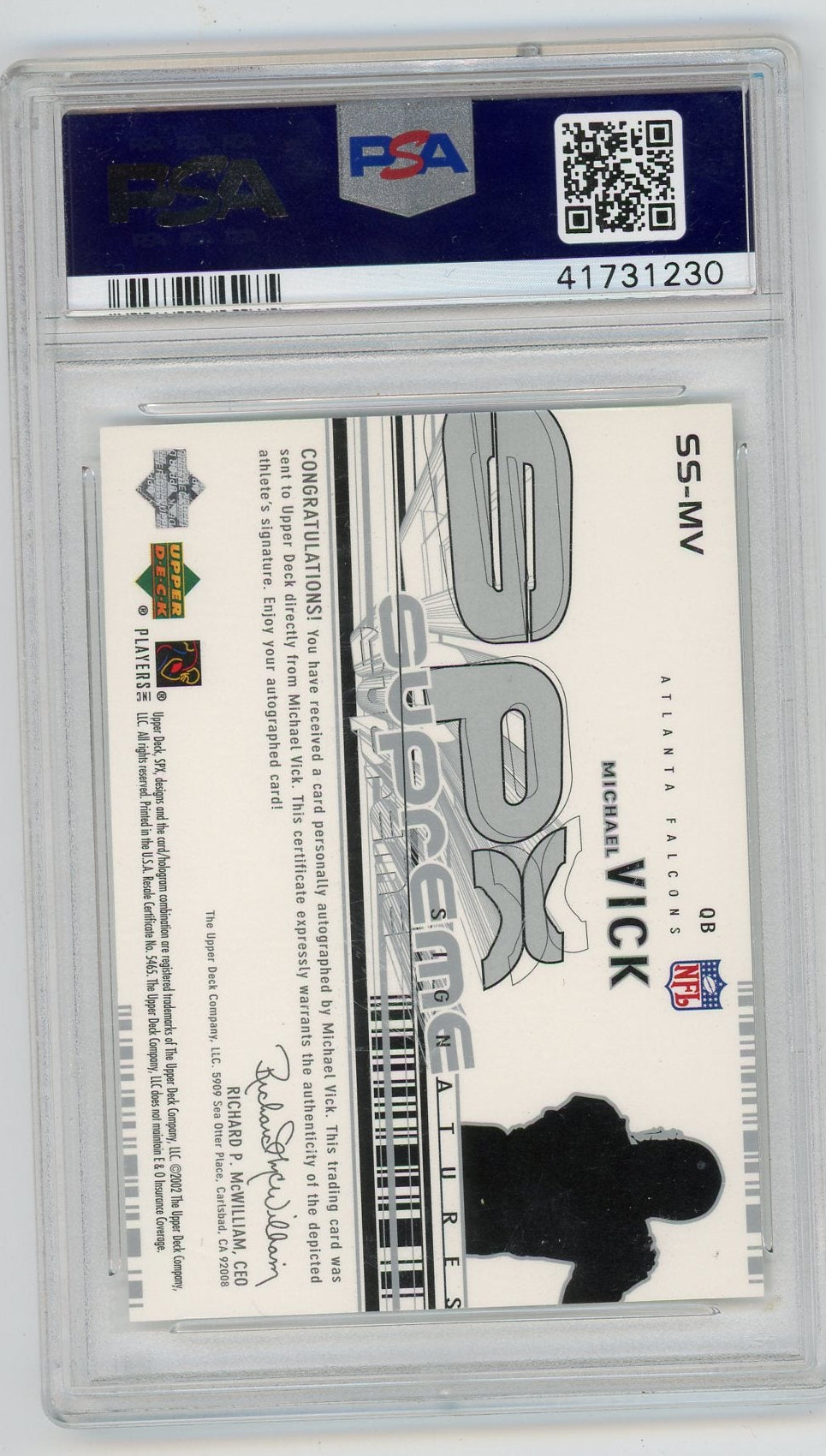 Michael Vick 2002 Upper Deck SPx Supreme Signatures PSA 9