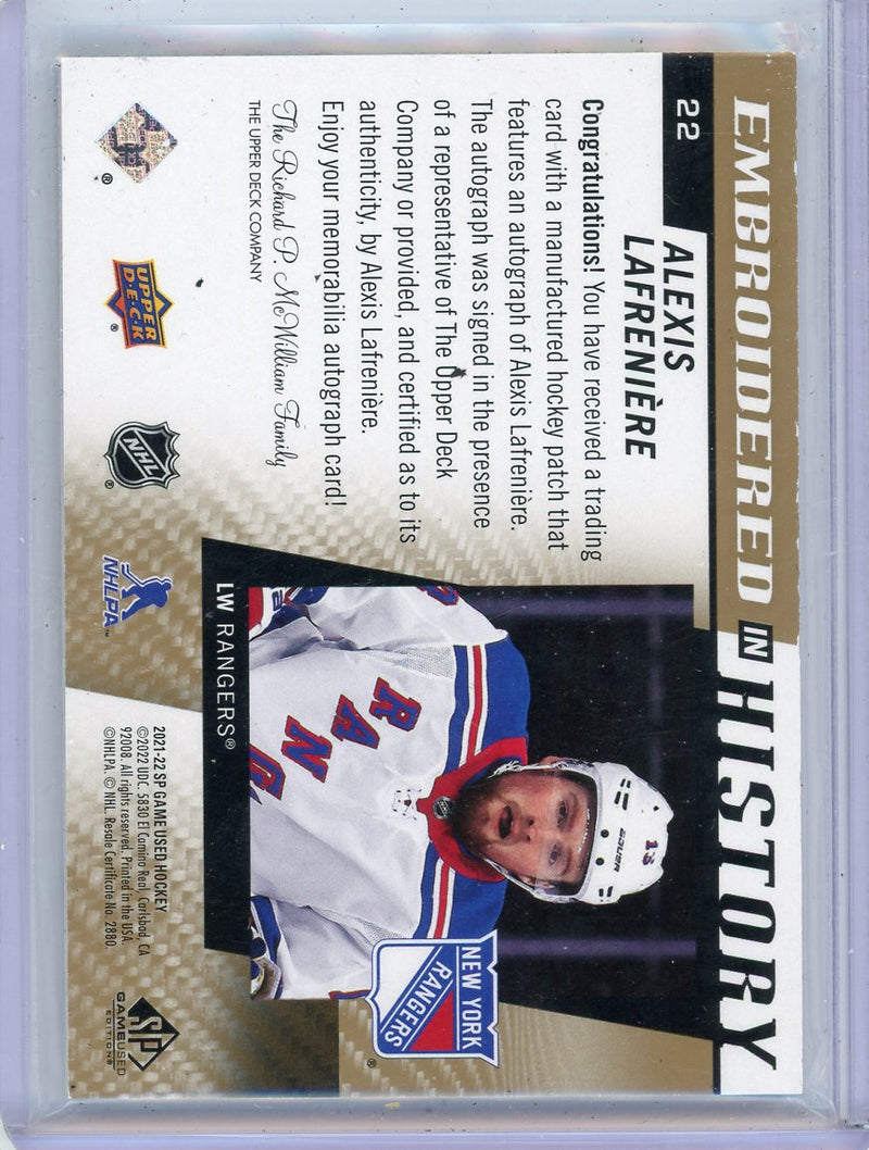 Alexis Lafreniere 2021-22 SP Game Used Embroidered in History Auto 