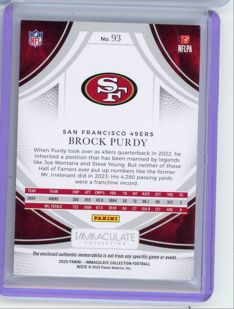 Brock Purdy 2025 Panini Immaculate relic red #'d 15/75