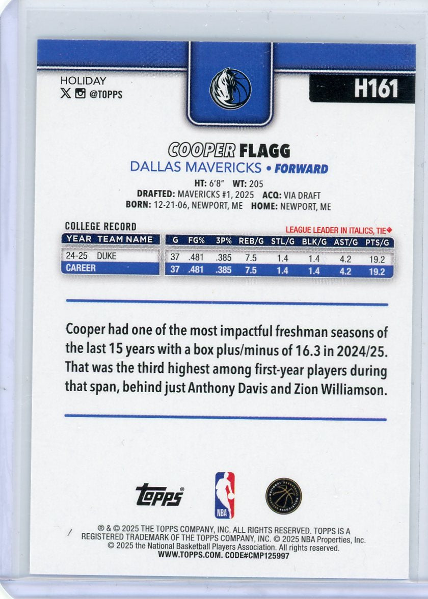 Cooper Flagg 2025 Topps Basketball Holiday Rookie Card