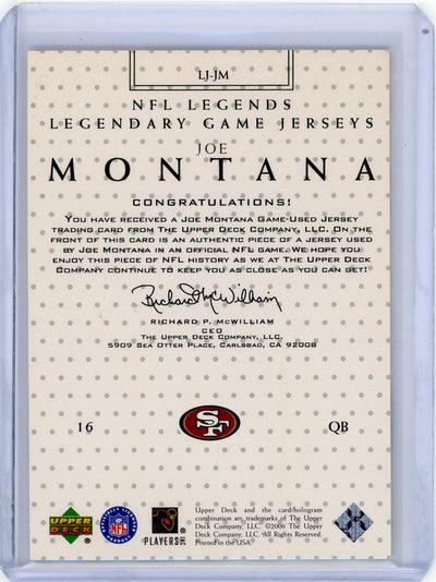 Joe Montana 2000 Upper Deck NFL Legends Game Used Jersey Relic