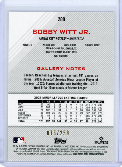 Bobby Witt Jr. 2022 Topps Gallery Private Issue rookie card #'d 075/250