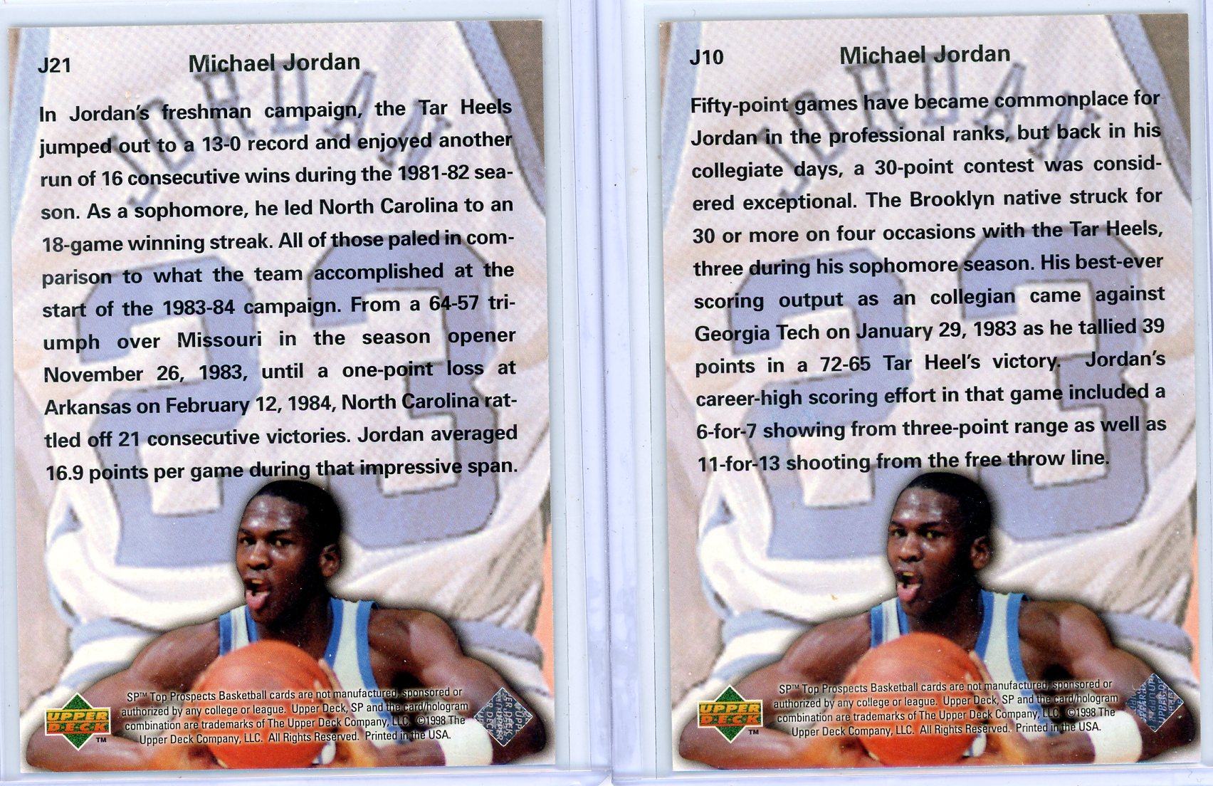 Michael Jordan 1998 Upper Deck Phi Beta Jordan UNC Bundle #J10 & #J21