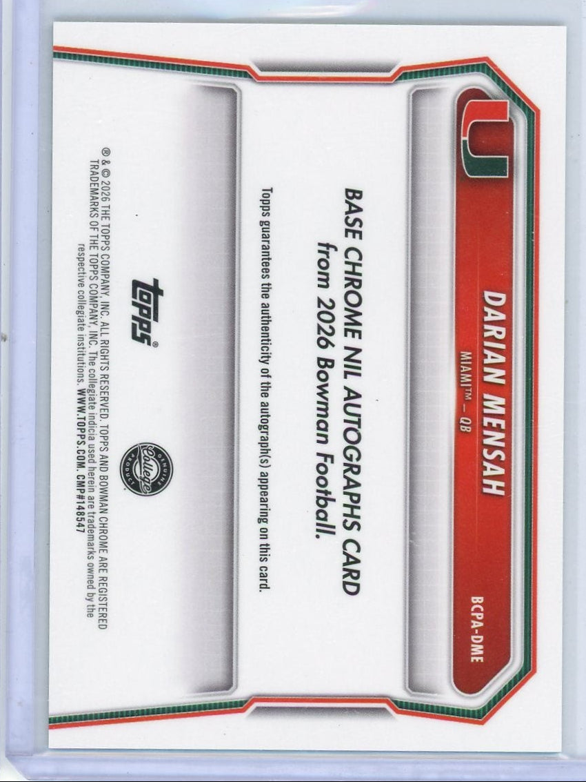 Darian Mensah 2026 Bowman Football Green Autograph #'d 81/99