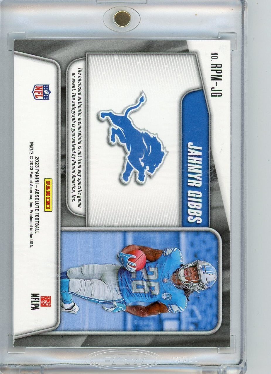 Jahmyr Gibbs 2023 Panini Absolute Rookie Premiere triple relic RPA #'d 33/99