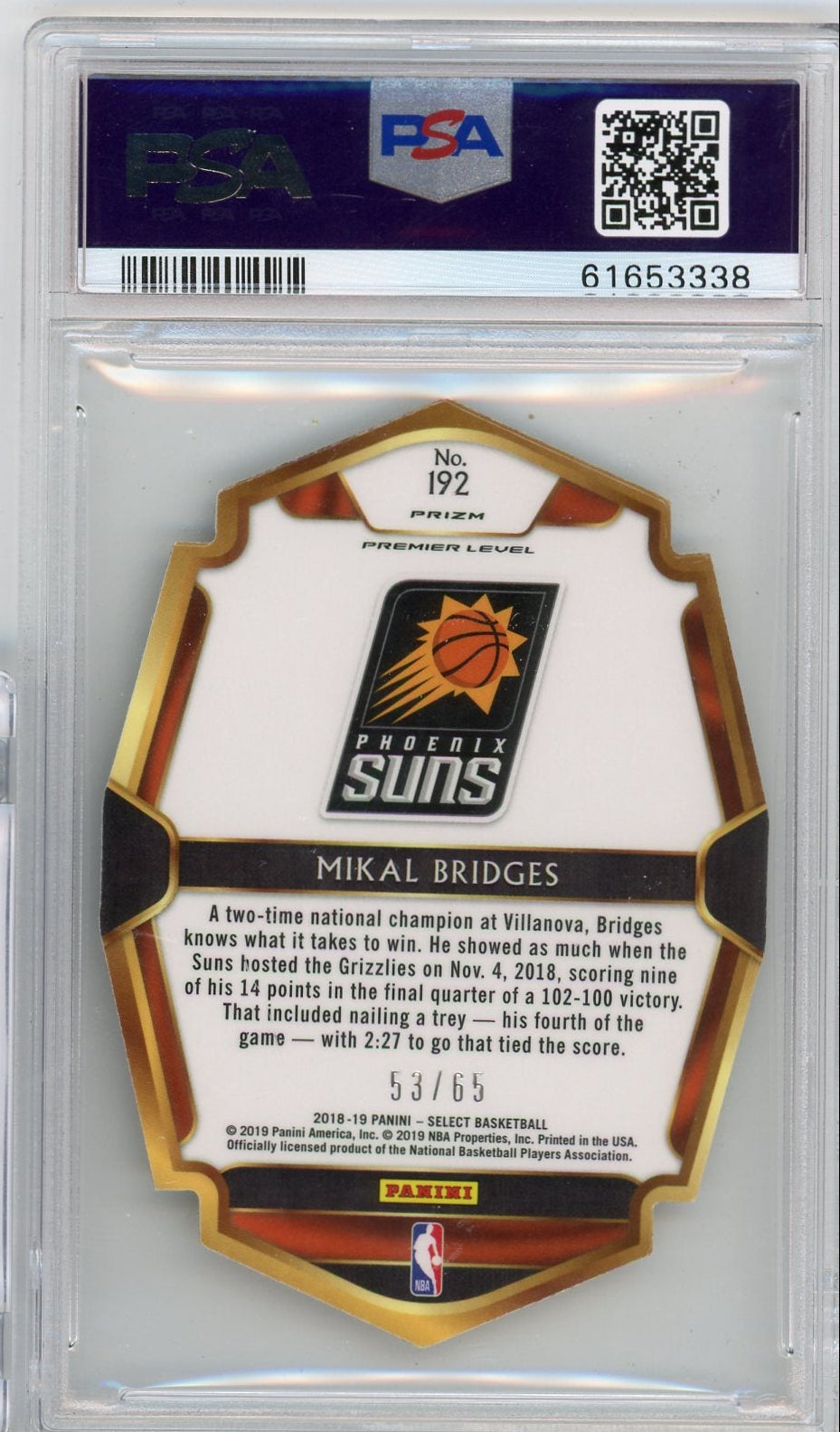 Mikal Birdges 2018 Panini Select die-cut orange prizm rookie card #'d 53/65 PSA 10