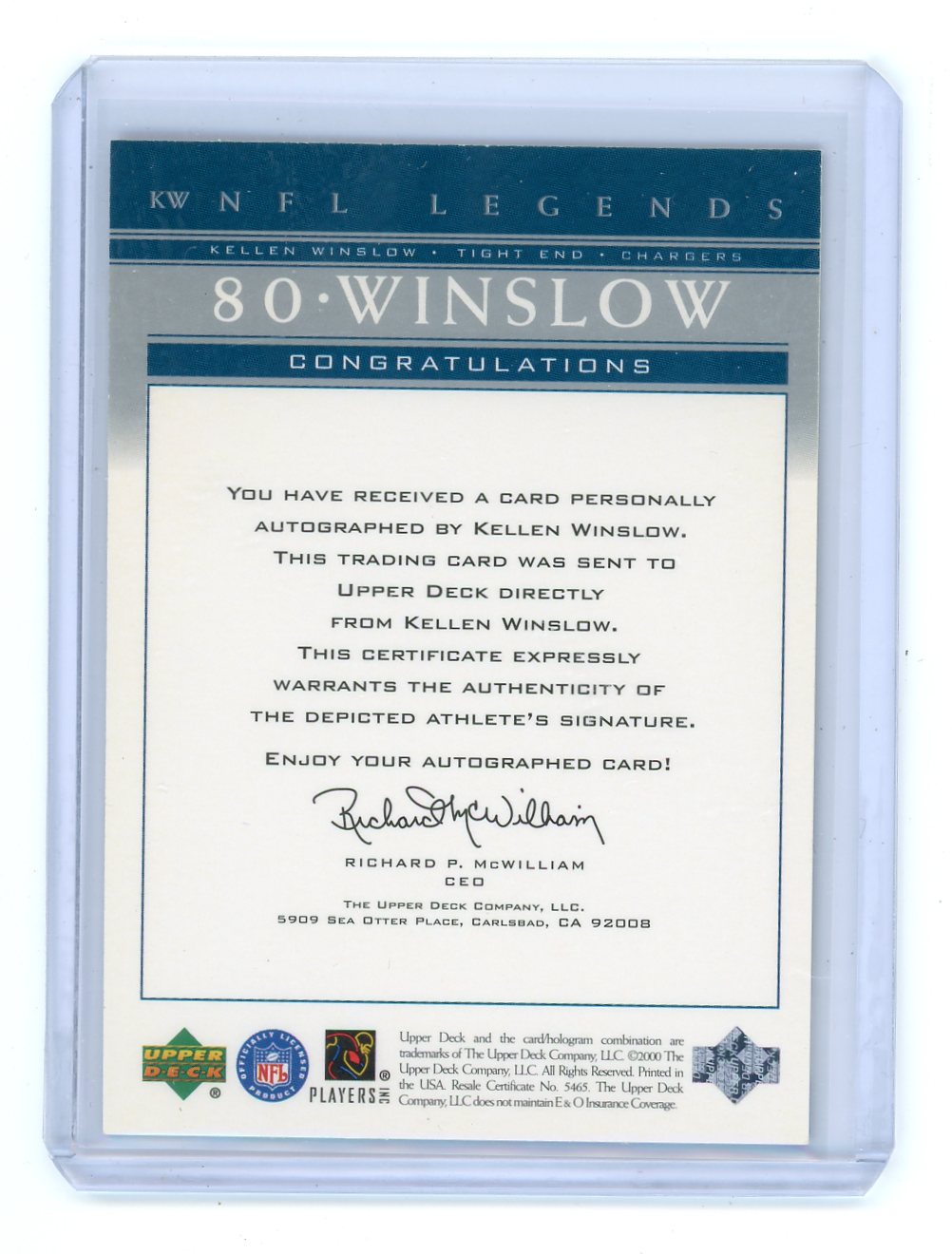 Kellen Winslow 2000 Upper Deck NFL Legends Autograph