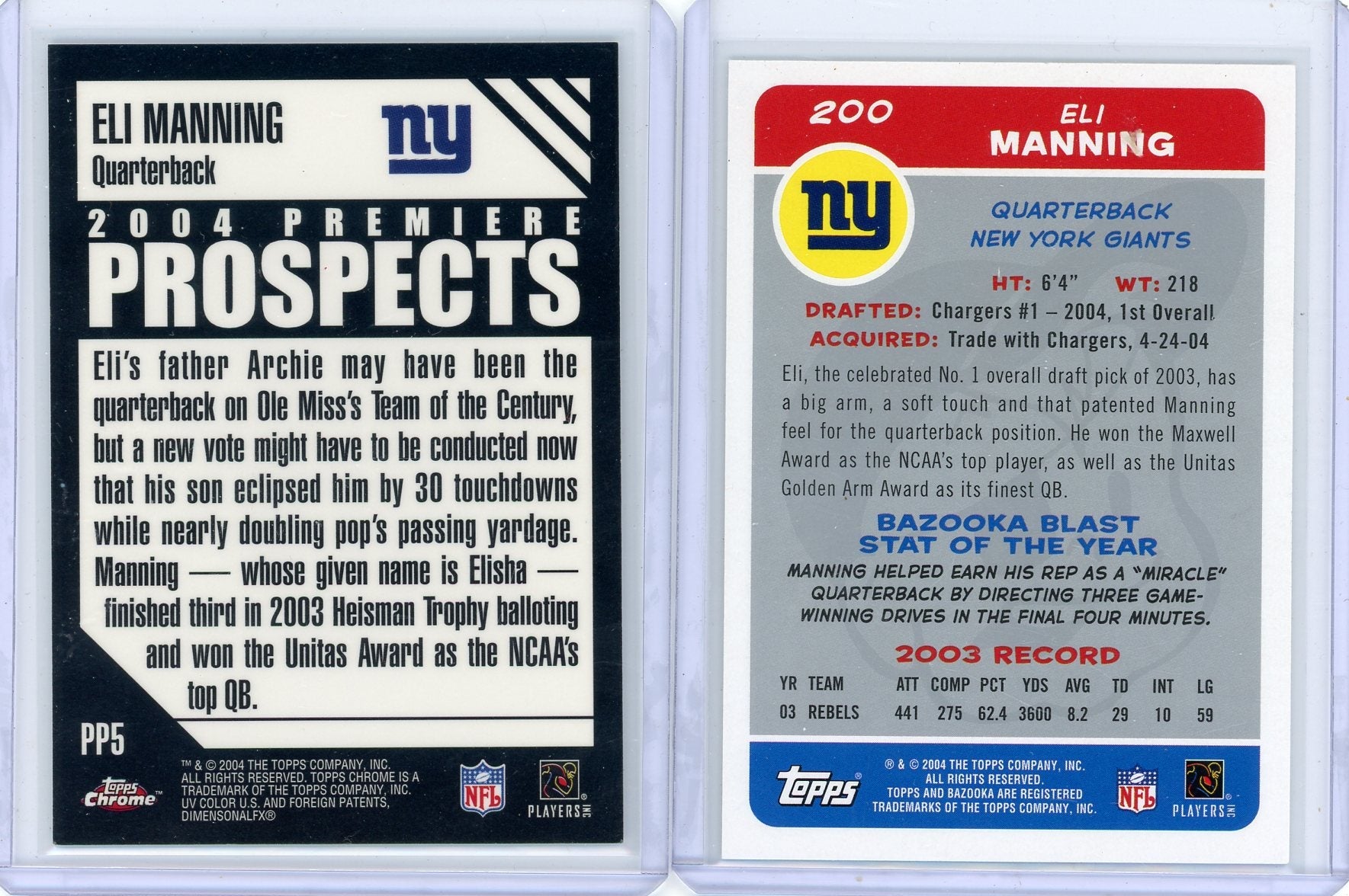 Eli Manning 2004 Topps 2-card rookie lot