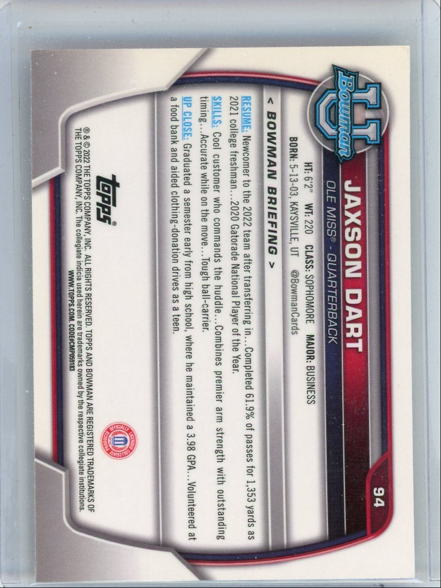 Jaxson Dart 2022 1st Bowman Chrome University pink refractor