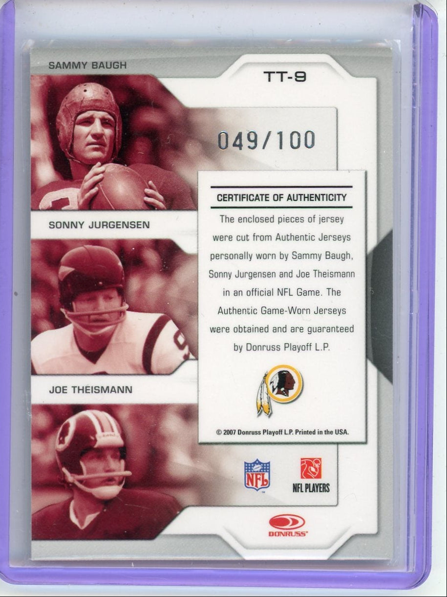 S Baugh S Jurgensen J Theismann 2007 Donruss Playoff Team Threads triple relic #'d 049/100