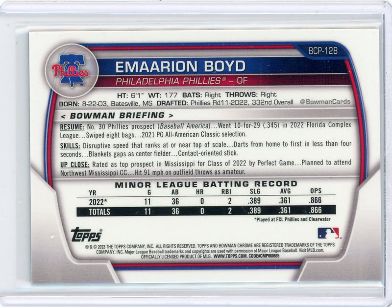 Emaarion Boyd 2023 1st Bowman Chrome purple lava refractor 