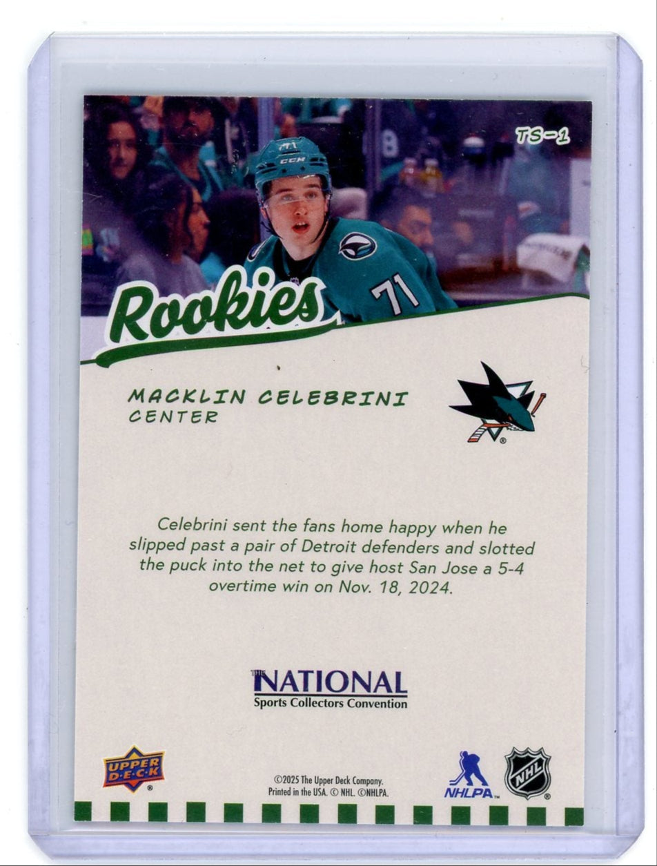 Macklin Celebrini 2025 Upper Deck NSCC Top Shelf rookie card