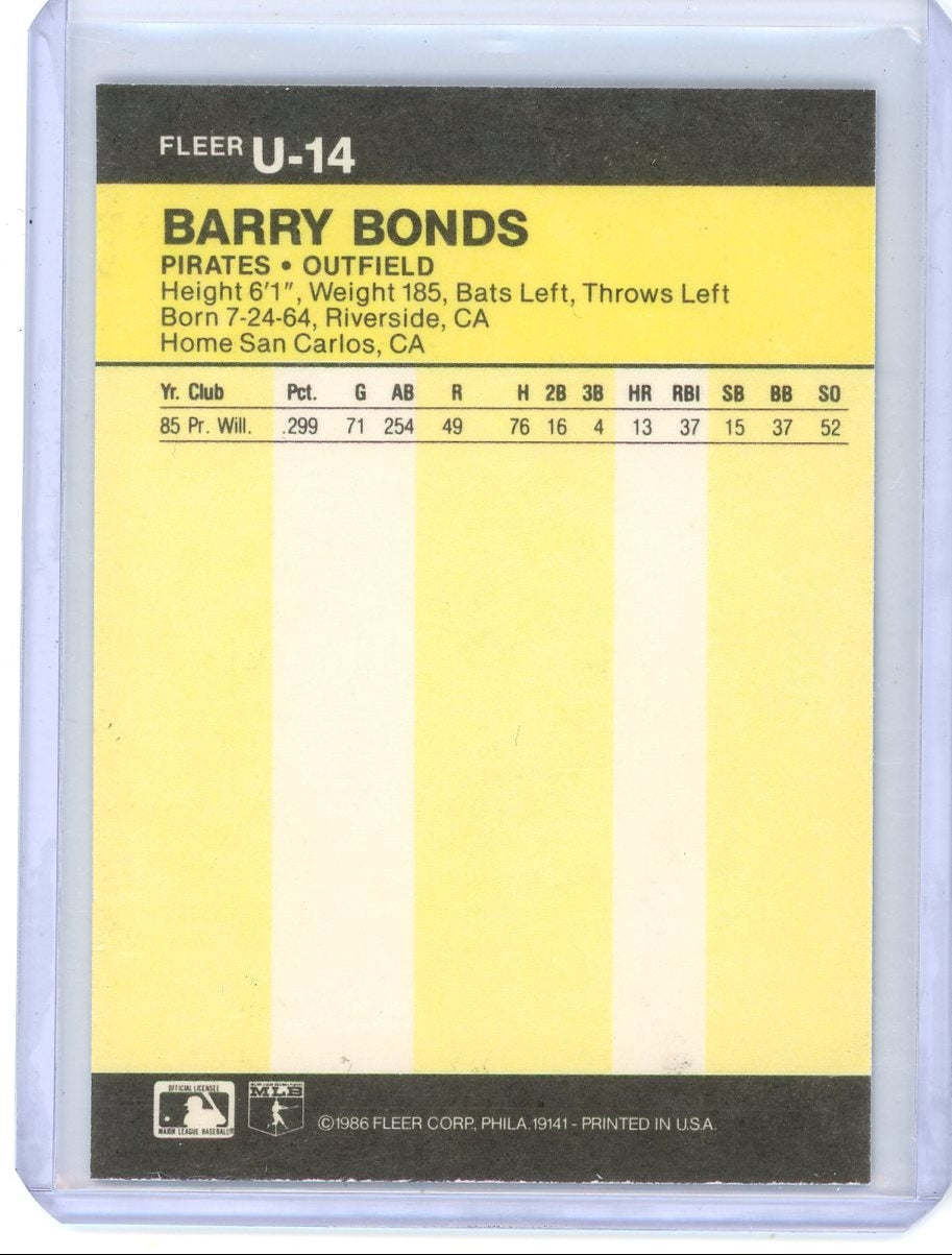 Barry Bonds 1986 Fleer rookie card #U-14