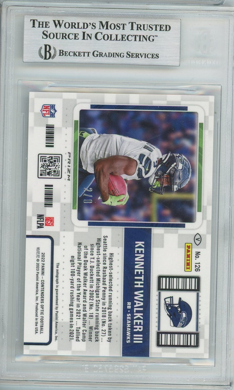 Kenneth Walker 2022 Panini Contenders Optic Black Pulsar Rookie Autograph #'d 2/8 BGS 9