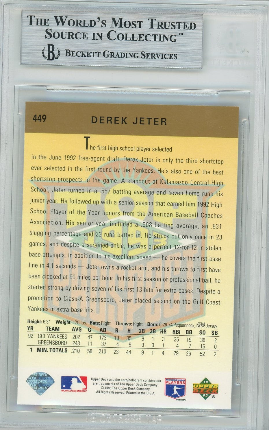 Derek Jeter 1993 Upper Deck Rookie Card BGS 8.5