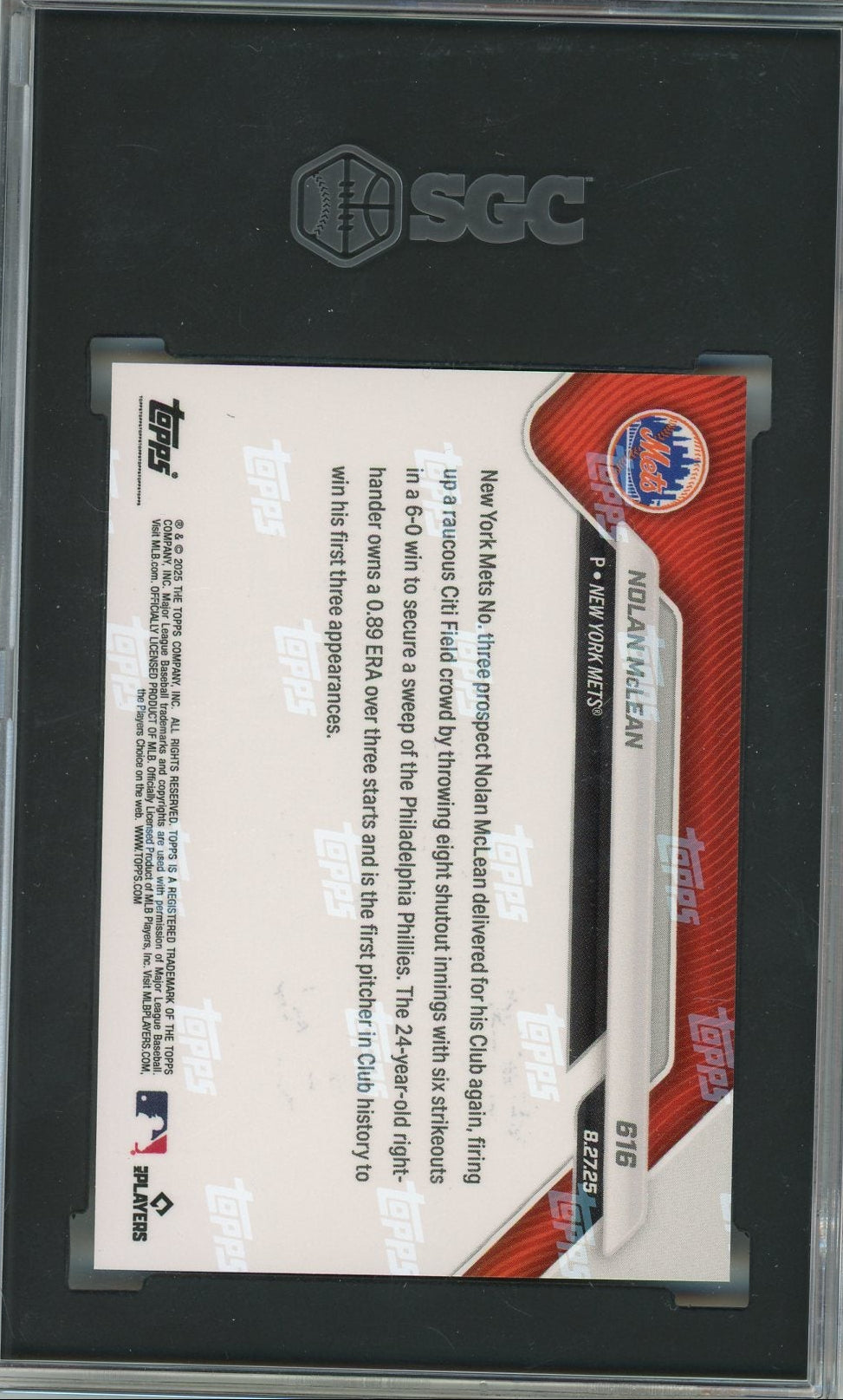 Nolan McLean 2025 Topps Now #616 SGC 10
