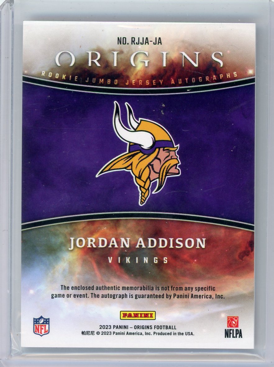 Jordan Addison 2023 Panini Origins Rookie Jumbo Jersey Auto Red #'d 33/99
