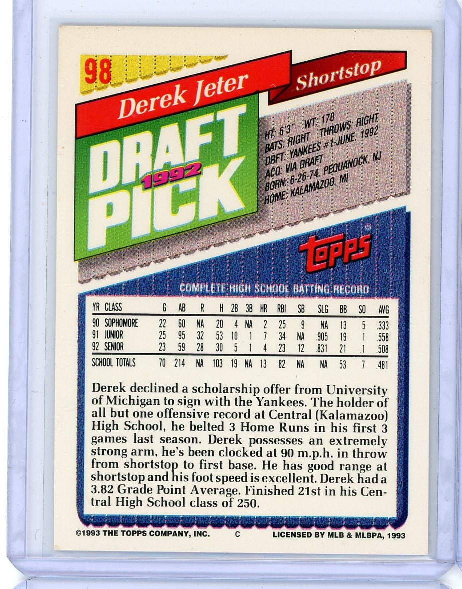 Derek Jeter 1993 Topps Draft Pick rookie card