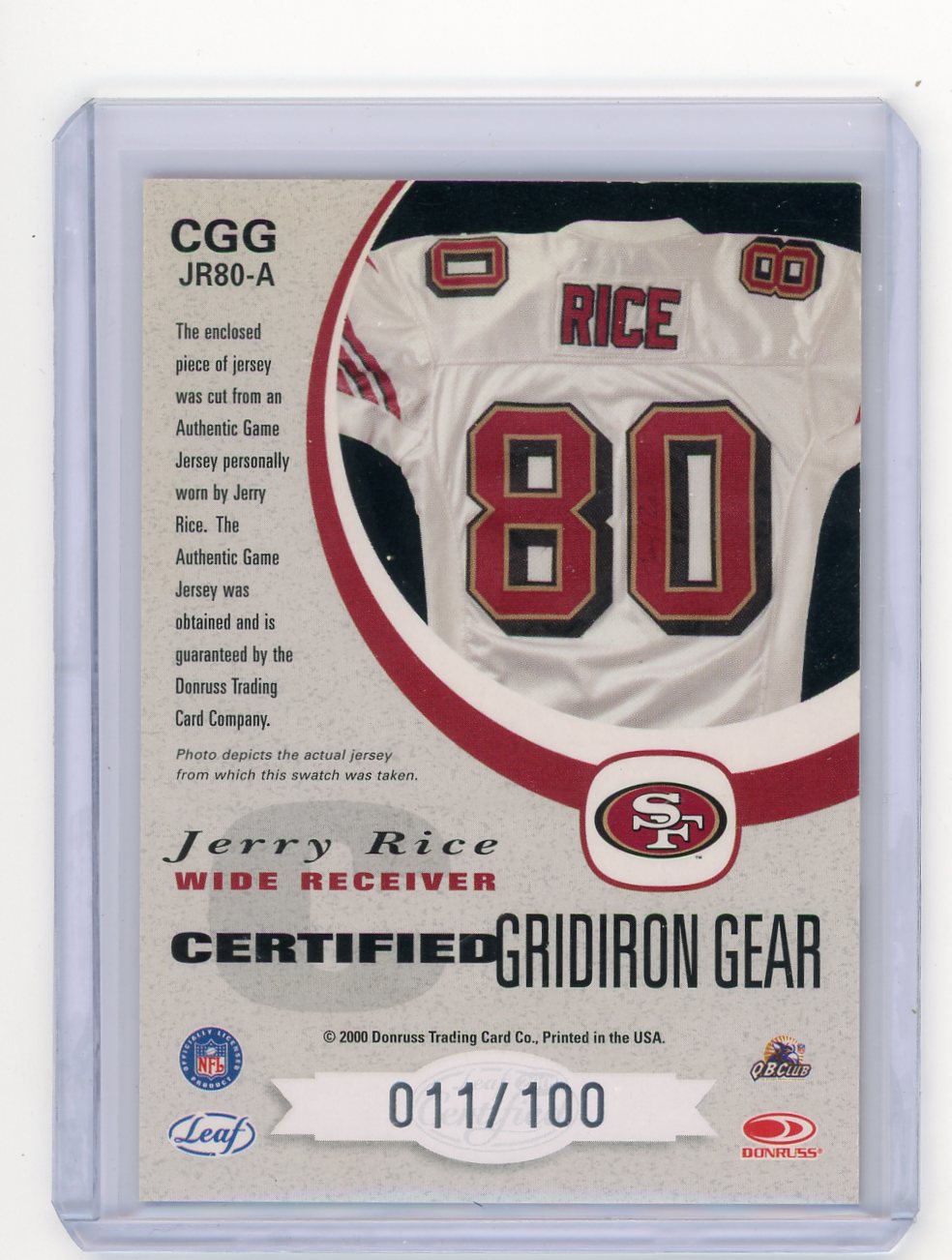 Jerry Rice 2000 Leaf Certified Gridiron Gear Game Worn Jersey Relic #'d 011/100