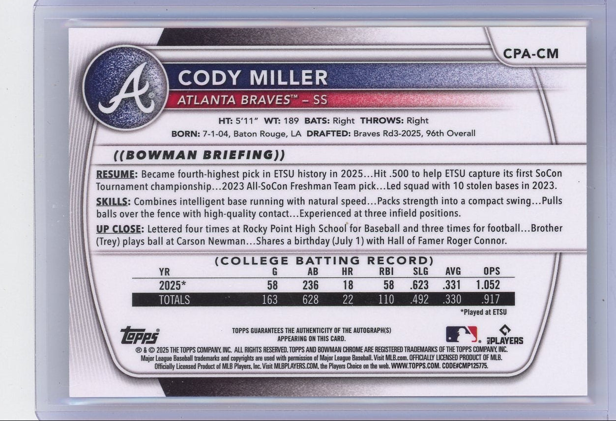 Cody Miller 2025 1st Bowman Chrome autograph orange refractor #'d 23/25