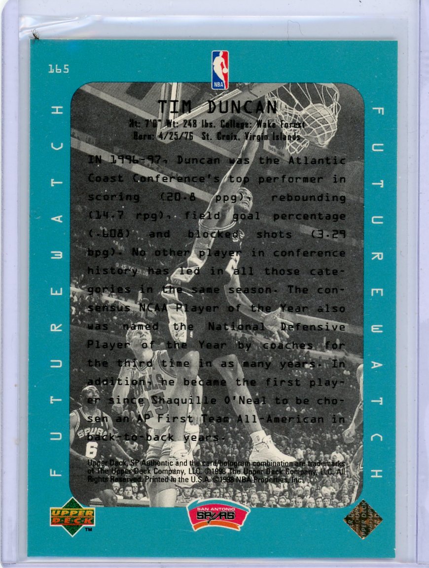 Tim Duncan 1998 Upper Deck SP Authentic Future Watch RC #165