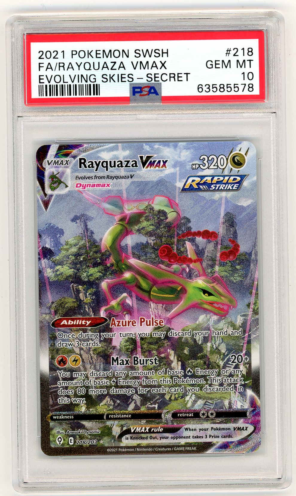 Rayquaza Vmax Pokémon Evolving Skies Alt. Art Secret Rare #218/203 PSA 10