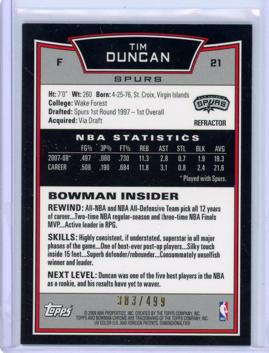 Tim Duncan 2008 Bowman Chrome Refractor #'d 383/499