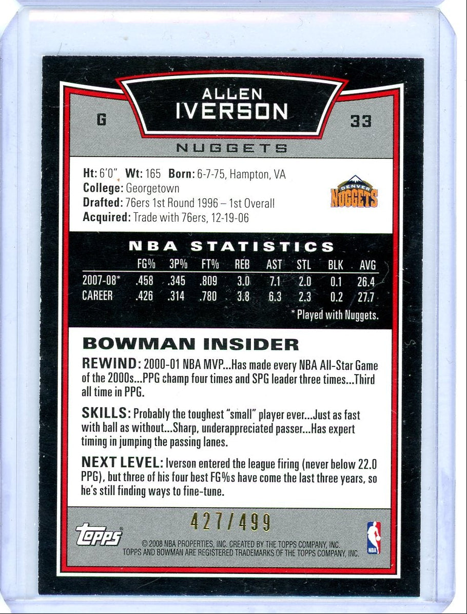 Allen Iverson 2008 Bowman blue #'d 427/499