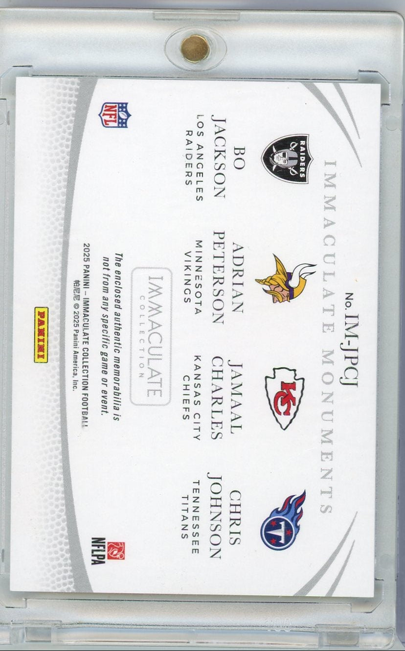 B Jackson A Peterson J Charles C Johnson 2025 Panini Immaculate Monuments quad relic #'d 27/49