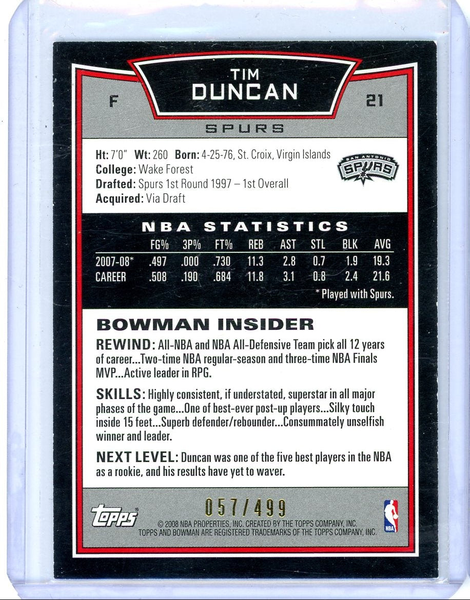 Tim Duncan 2008 Bowman blue #'d 057/499