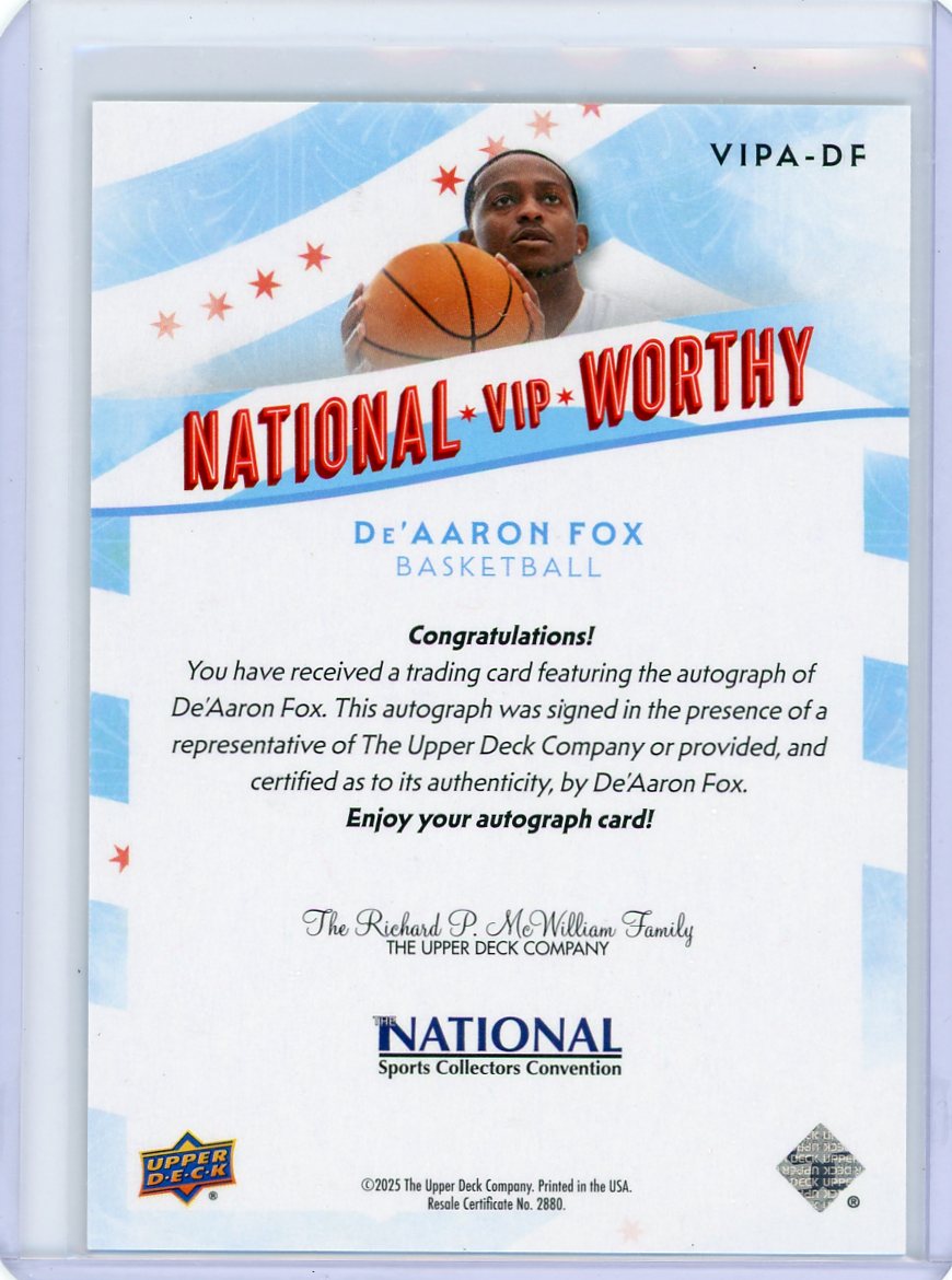 De'Aaron Fox 2025 Upper Deck NSCC VIP Worthy autograph #'d 03/15