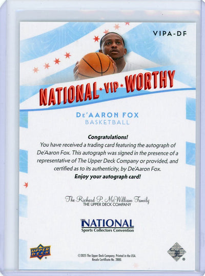 De'Aaron Fox 2025 Upper Deck NSCC VIP Worthy autograph #'d 03/15