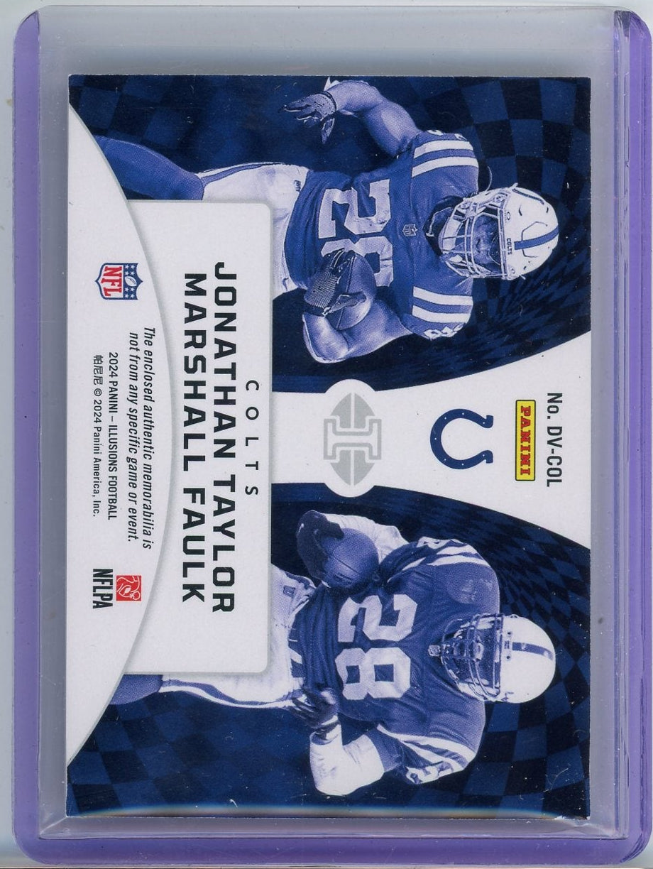 J Taylor M Faulk 2024 Panini Illusions Deja Vu dual relic #'d 026/199