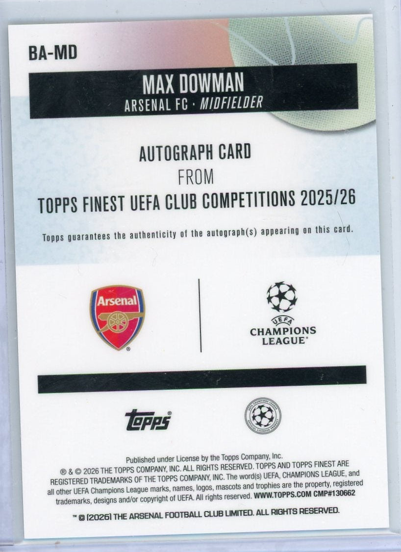 Max Dowman 2026 Topps Finest Uefa Club Competitions Green Wave Autograph #'d 63/99