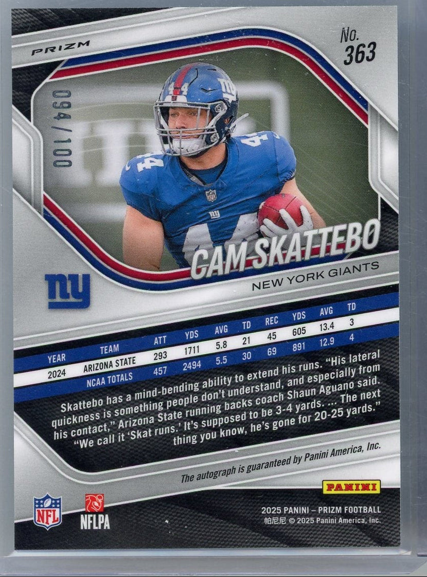 Cam Skattebo 2025 Panini Prizm Choice autograph rc #'d 094/100