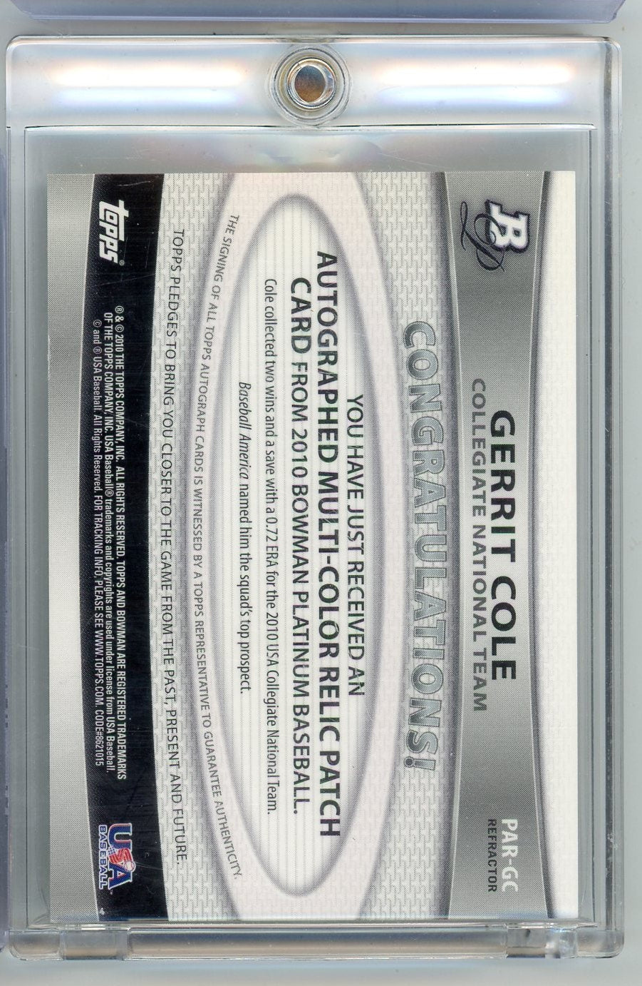 Gerrit Cole 2010 Bowman Platinum Collegiate autograph game-used relic #'d 647/740