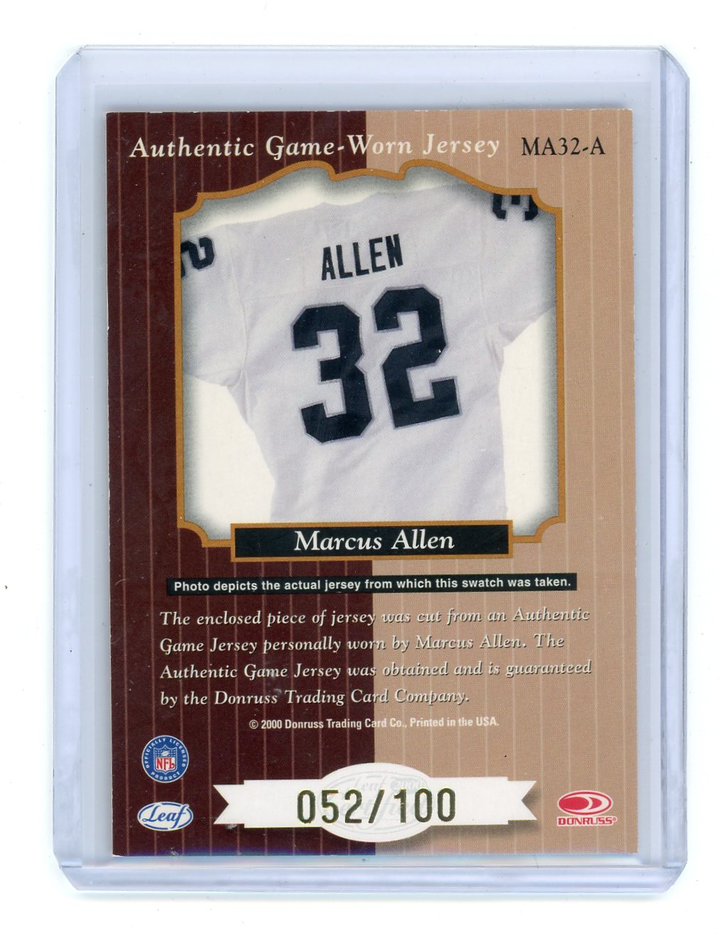 Marcus Allen 2000 Donruss Leaf Certified Heritage Collection Game Worn Jersey #'d 52/100