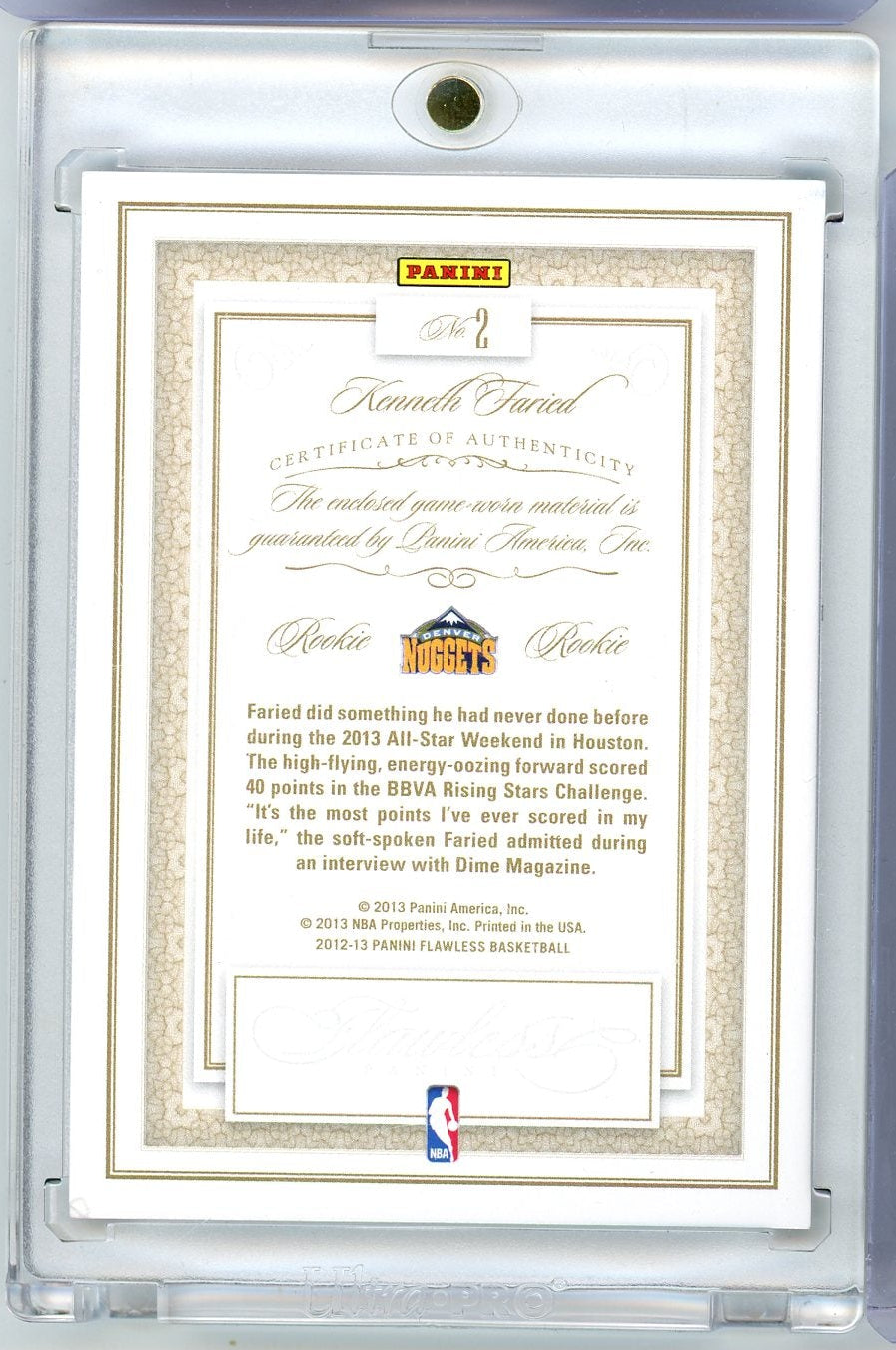 Kenneth Faried 2012-13 Panini Flawless game-worn jersey relic RC #'d 06/25