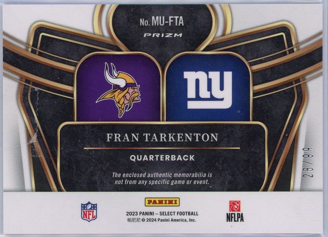 Fran Tarkenton Panini Select Football #'d 28/99 Dual Patch