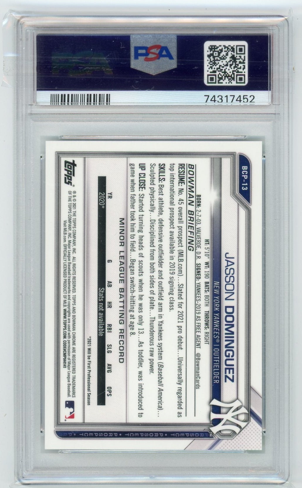 Jasson Dominguez 2021 Bowman green shimmer refractor #'d 17/99 PSA 9