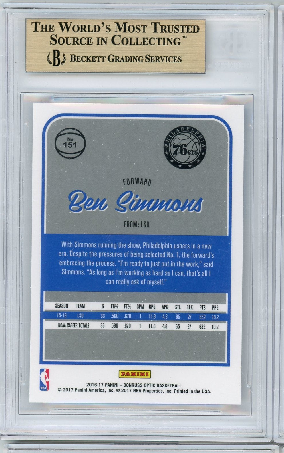 Ben Simmons 2016-17 Panini Donruss Optic RC BGS 9.5