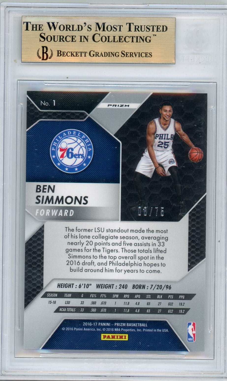 Ben Simmons 2016-17 Panini Prizm purple RC #'d 08/75 BGS 9.5