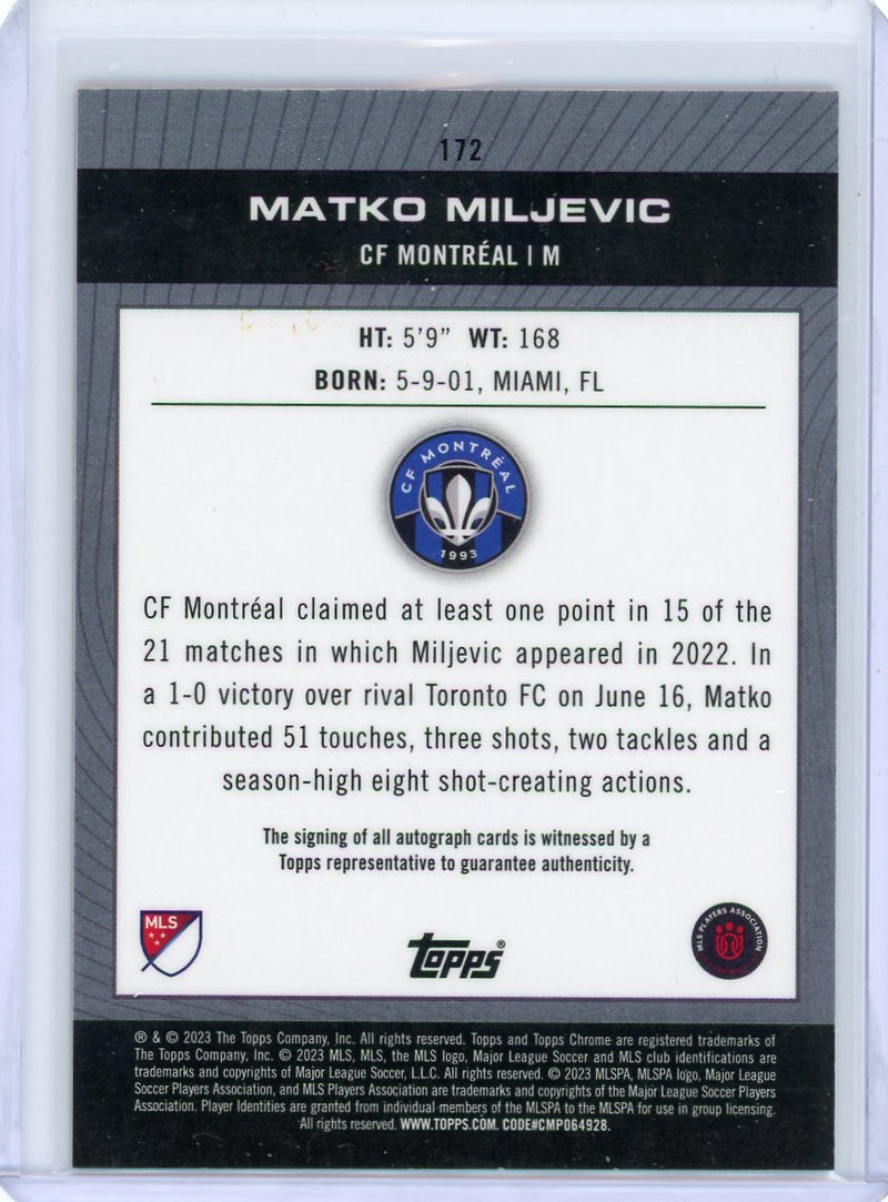 Matko Miljevic 2023 Topps Chrome MLS Pitch Prodigies orange refractor autograph 