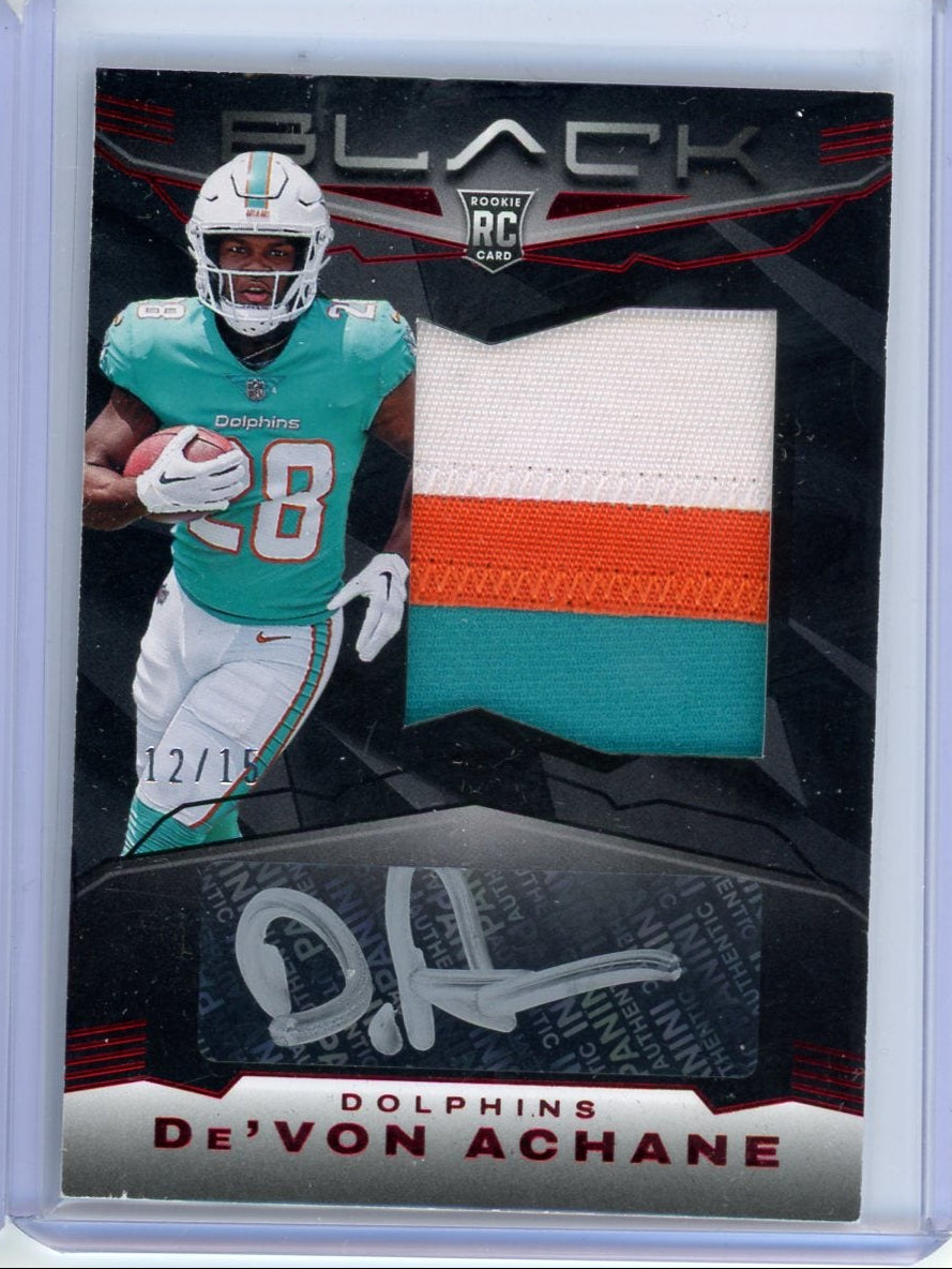 De'Von Achane 2023 Panini Black Rookie Patch Auto Ruby #'d 12/15