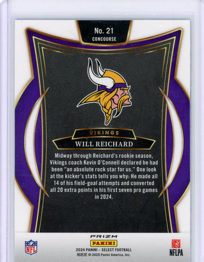 Will Reichard 2024 Panini Select Zebra prizm rookie card