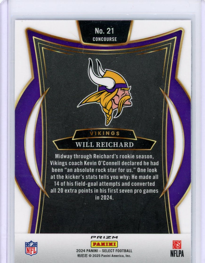 Will Reichard 2024 Panini Select Zebra prizm rookie card
