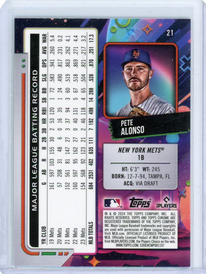 Pete Alonso 2024 Topps Chrome Cosmic Aqua Equinox Refractor #'d 179/199