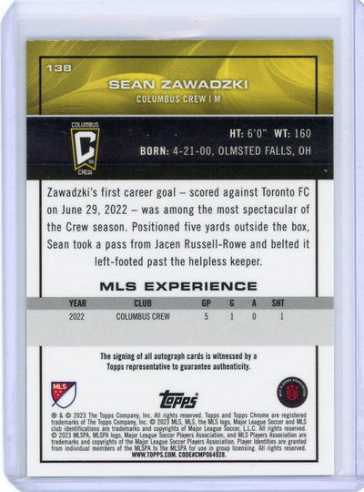 Sean Zawadzki 2023 Topps Chrome MLS gold refractor autograph rookie card #'d 12/50